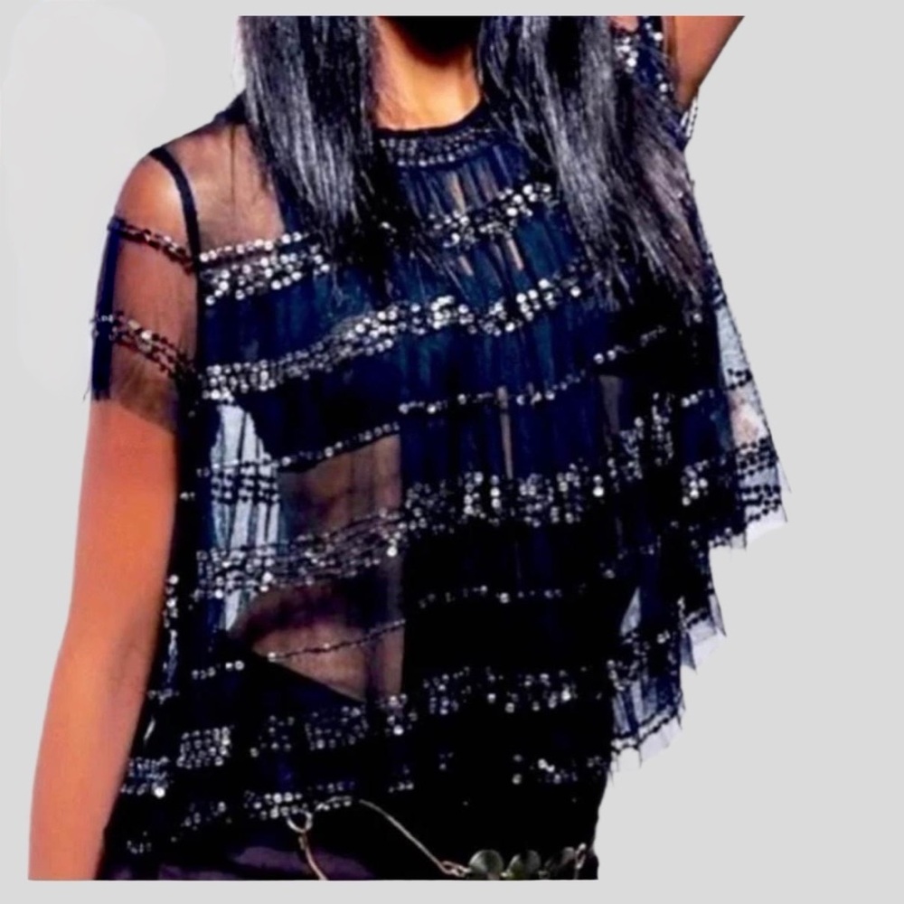 Free People Top Womens XS Black Sheer Mesh Sequin Stripe Crop Top Boho Festival
